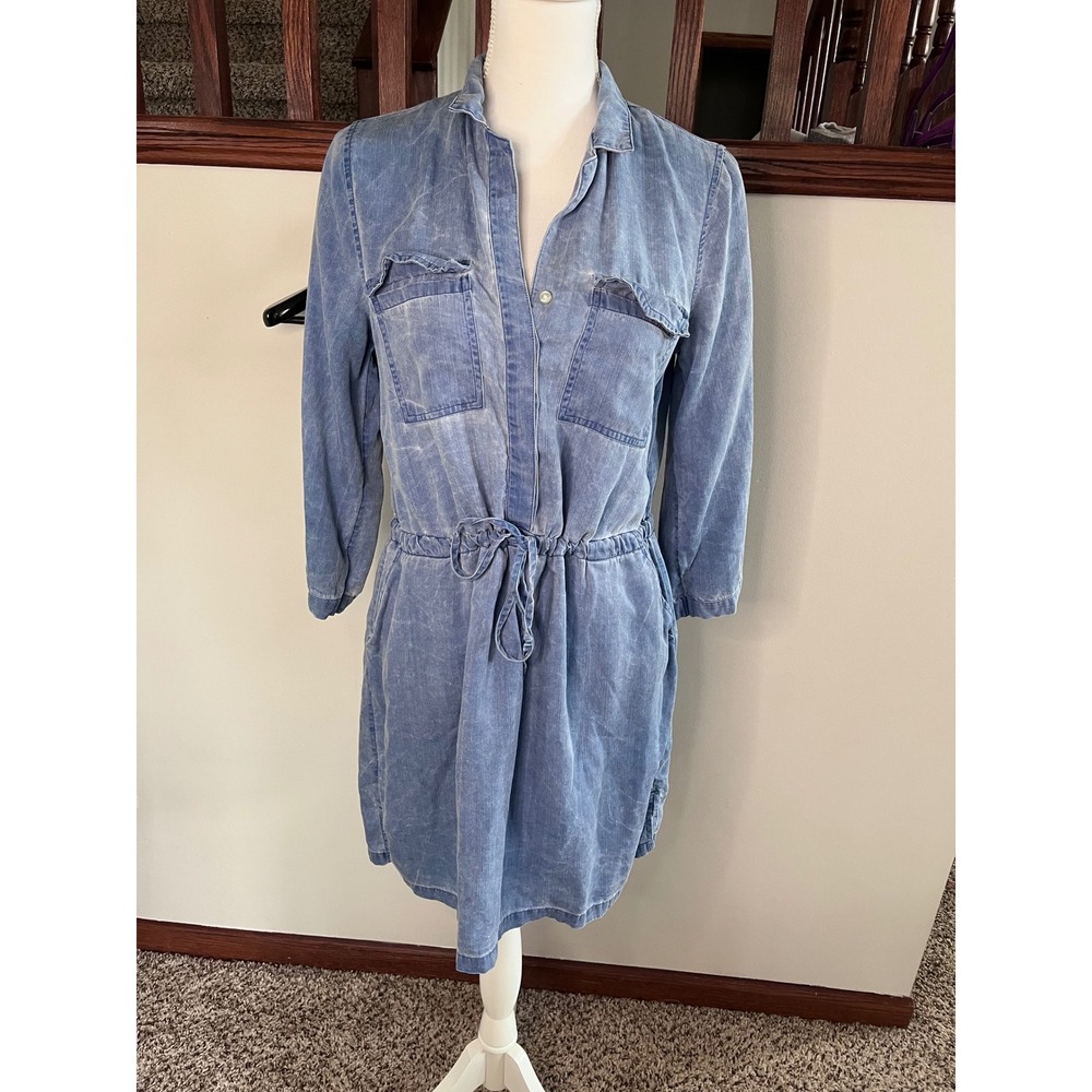 Old Navy Womens Blue Chambray Button Up Drawstring Waist Shirt Dress Small